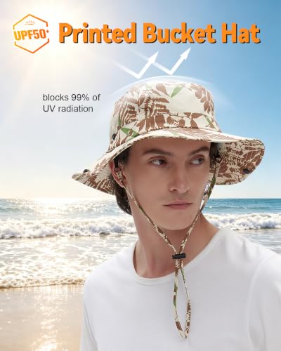 Printed Bucket Hat UPF 50+ Sun Hat, Women Men Roll-Up Brim Boonie Hat - color: Dark Khaki
