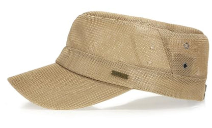 Initlove Cadet Army Cap for Men Women Military Hat Mesh Flat Top Hats for Summer - color: Khaki