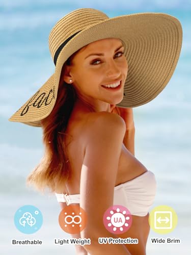 Sun Beach Straw Hats for Women, Summer Wide Brim Hat - color: Khaki(resting Beach Face), size: Large