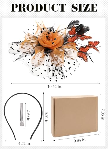 Zinniday Butterfly Derby Hat 2025 - Classic Tea Party Hats with Hair Clip, 1920s 50s Fascinators for Lady Woman - color: Black Orange