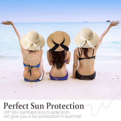 Beach Hats for Women, Sun Straw Hat for Women, UPF 50+ UV Foldable Sun Hat - color: Beige