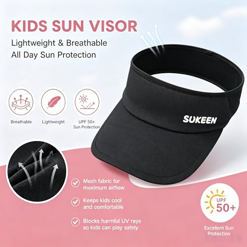 Sukeen Kids Sun Visor Hat for Girls Boys UPF50+ Lightweight Cooling Stretchable Packable Sun Hat - color: Black