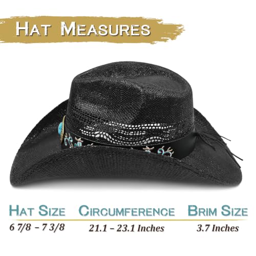 Keilin Cowboy Hats for Women and Men - Straw Teardrop Western Cowgirl Cowboy Sun Hat for Teens and Adults - color: Black Floral Turquoise Stone