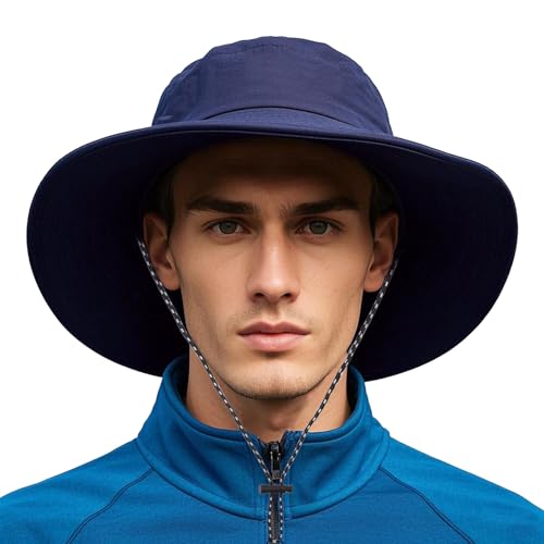 Bucket Rain Hat with Chin Strap Quick Dry Outdoor Bucket Hats for UV Protection Boonie Sun Hat Men Women - color: Navy