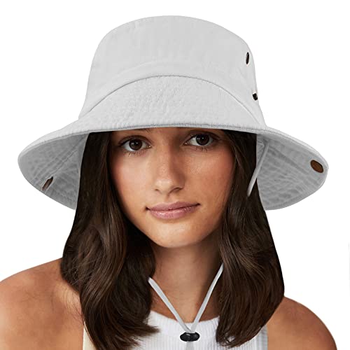 Unisex Cotton Boonie Hat Summer Fishing Bucket Hat Sun Hat with String - color: Solid White
