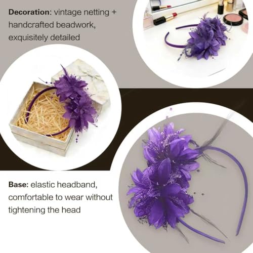 Fascinators for Women Ribbon Feather Tea Party Headwear - color: Purple