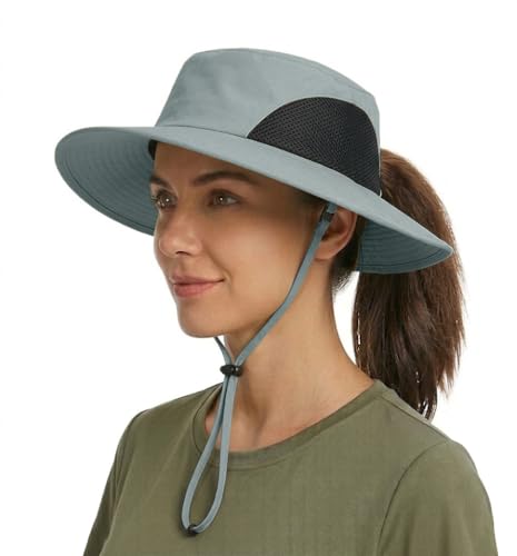 Tirrinia Sun Hats for Women, Wide Brim Hat with Ponytail Hole - color: #Grey-23.7'' Head
