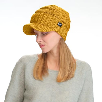 C.C Trendy Warm Oversized Chunky Soft Oversized Ribbed Slouchy Knit Hat with Visor Brim - color: Mustard