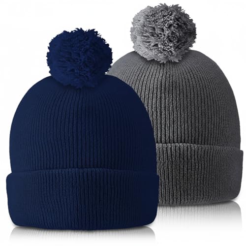 Geyoga 2 Pcs Pom Beanie Hat Men Women Winter Hat Pom Knit Cap Beanies with Ball at Top Acrylic Winter Cap with Cuff - color: Navy Blue, Dark Gray, style: Classical