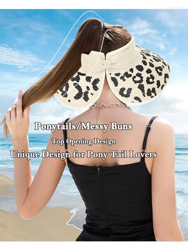 sy soul young Women's Straw Hat with Ponytail Hole Wide Brim Visor Sunhat - color: White With Leopard 2