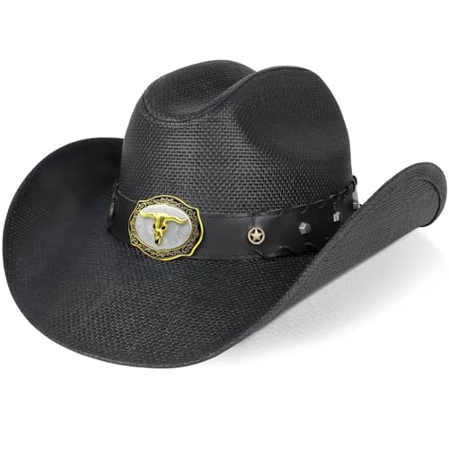 WQWOVRVO Cowboy Hat,Cowgirl hat,Brown Cowboy Hats for Women/Mens Straw Wide with Shapeable Brim Western Cowboy Hat for Womens - color: Black Color B