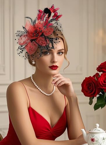 Zinniday Butterfly Derby Hat 2025 - Classic Tea Party Hats with Hair Clip, 1920s 50s Fascinators for Lady Woman - color: Black Red