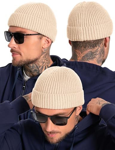 Fleece Lined Wool Short Fisherman Beanie Men Women Cuff Winter Hat - color: 1pc-beige