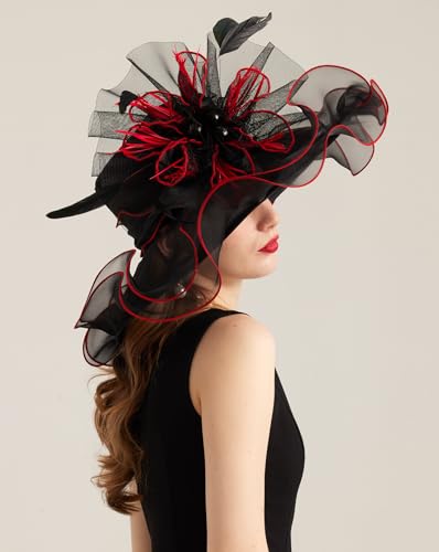 Women Derby Church Hat Organza Flower Wedding Tea Party Fascinator Wide Brim Sun Hat - color: 10-black Red