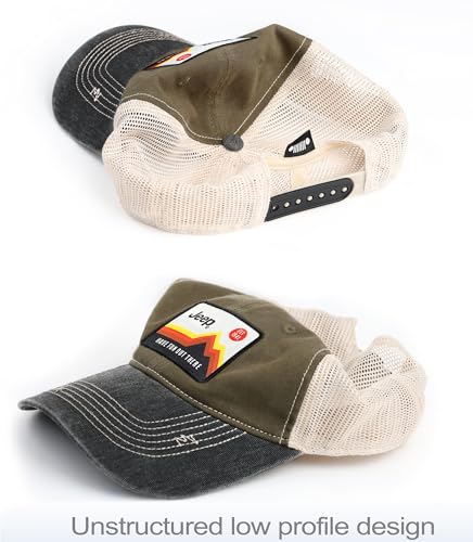 Jeep Have Fun Out There Patch Garment Washed Trucker Hat Unstructured for Men & Women - Adjustable Snapback Baseball Cap - color: Green