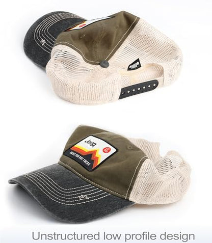 Jeep Have Fun Out There Patch Garment Washed Trucker Hat Unstructured for Men & Women - Adjustable Snapback Baseball Cap - color: Green