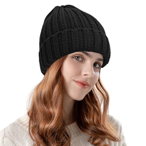 ZOORON 1&2 Winter Beanie for Women Soft Warm Slouchy Knit Hat Ski Stocking Cuffed Cap - color: Black