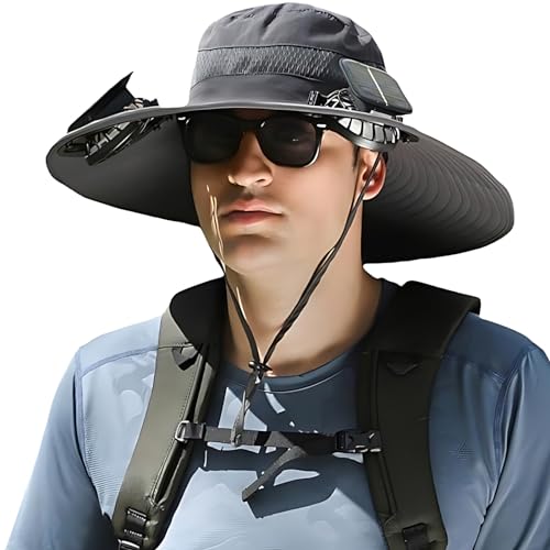 Outdoor Wide Brim Sun Hat with 2 Solar Fan Sun Bucket Hat for Men Women UPF 50+ Bucket Fishing & Beach Hat with Fan Built in - color: Dark Gray