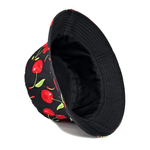 Printed Bucket Hat - Reversible Packable Summer Travel Beach Sun Cap for Men Women Teens - color: Black Red Cherry