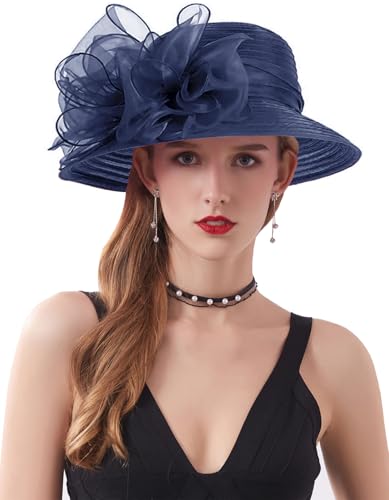 Women's Kentucky Derby Church Dress Hat Wide Brim Leaf Flower Bridal Shower Hat - color: 01 Darkblue