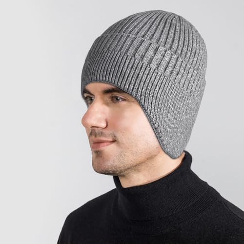 Heniho 2pcs Winter Beanies with Ear Flaps for Men Women, Warm Knit Earflaps Cap Thick Hats - color: #A- Black, Gray
