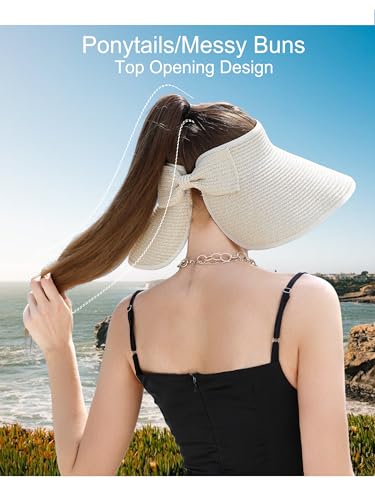 sy soul young Women's Straw Hat with Ponytail Hole Wide Brim Visor Sunhat - color: Beige