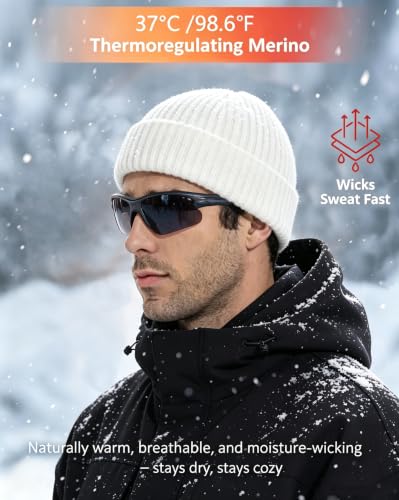 100% Merino Wool Fisherman Beanies for Men Winter Beanie Skull Cap - color: White