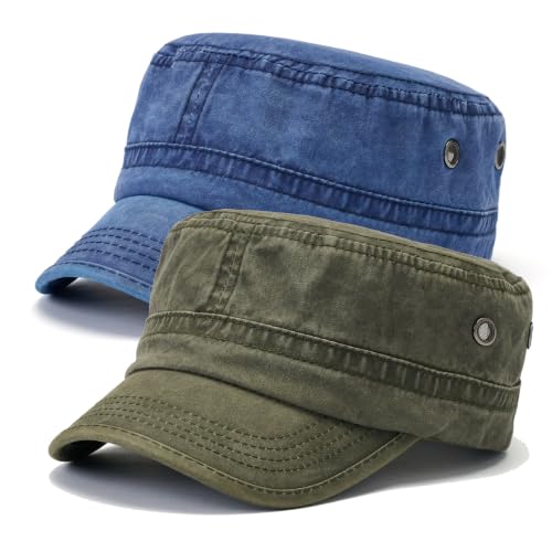 2 Pack Military Caps for Men Women, Washed Cotton Cadet Army Hats - color: Army Green+navy