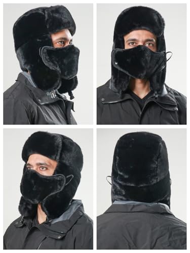 Ushanka Winter Trapper Hat Men Women Faux Rabbit Fur Russian Aviator Hat with Ear Flaps Face Mask Warm Cold Weather - color: Light-gray