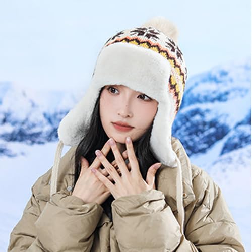Women Winter Beanie Hat Thick Fleece Lined Warm Earflap Trapper Hat Pom Pom Jacquard Knited Outdoor Ski Snow Cap - color: Style 2-beige