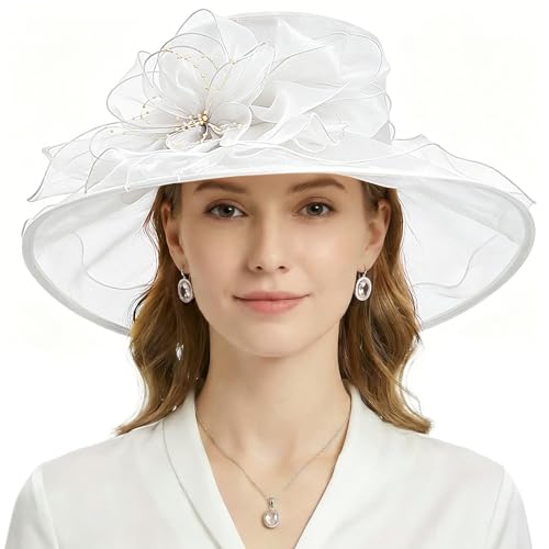 AQOKKA Women Organza Church Fascinators Kentucky Derby Hats for Women and Girls Wedding Flower Tea Party Hat with Wide Brim - color: White
