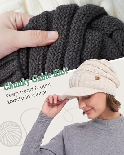 Women Men Winter Beanie Hat with Visor, Warm Fleece Lined Beanie Cap, Thick Knit Cap Slouchy Hat with Brim - color: Charcoal Grey
