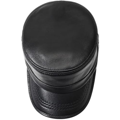 Leather Military Cap for Men Cadet Army Caps Style Flat Cap - color: Black