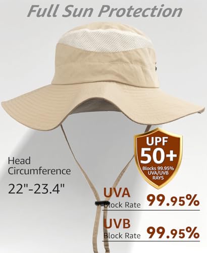 Wide Brim Sun Hat for Men Women, UPF 50+ Waterproof Packable Bucket Boonie Safari Fishing Hat - color: Khaki