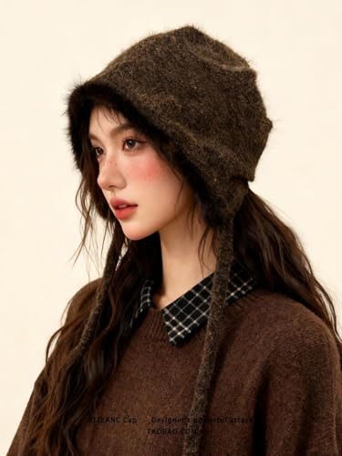 Women Winter Fleece Beanies Hat with Ear Flaps Soft Warm Crochet Skull Cap - color: B Coffee