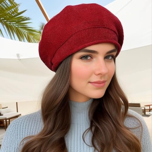 French Style Beret Hat for Women Winter Fall Knit Artist Hats Classic Solid Color Beanie Hat - color: Wine Red