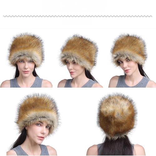 GREUS Winter Faux Fur Cossack Russian Style Hat for Women Fluffy Leopard Pompom Beanie Skull Cap Warm Ushanka Bucket Hat - color: Khaki
