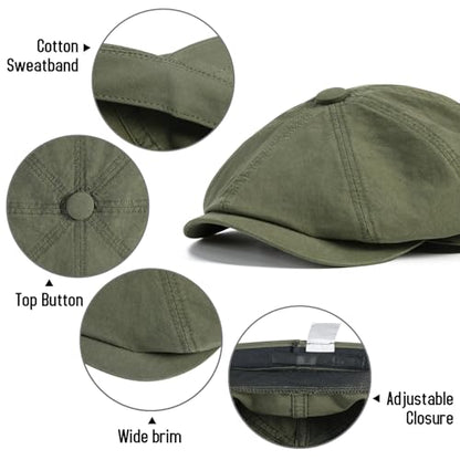 BOTVELA Men's Newsboy Gatsby Hat Cotton Cabbie Cap - color: Army Green, size: 7 1/4
