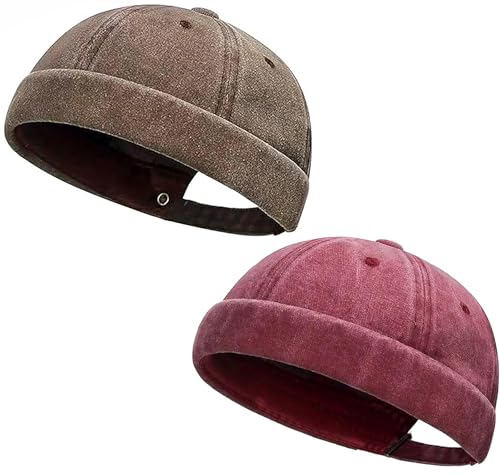 Initlove Docker Hat for Men Vintage Brimless Sailor Hat Beanie Cap - color: Coffee + Wine Red