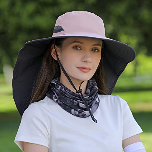 HUAMULAN Women Men Wide Brim Sun Hat Hiking Fishing Hats with Neck Flap - color: Hyp011-pink