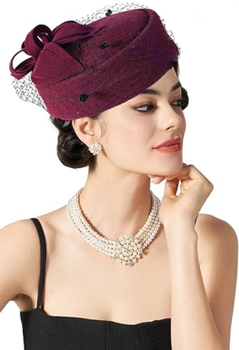Women's Vintage 100% Wool Felt Cloche Bucket Bowler Hat Winter Vintage Bow Fedoras Church Fascinator - color: A3-wine