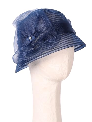 Kentucky Fascinators Hat with Flower Veil Wedding Pillbox Hats Pearl Rhinestone Women Cocktail Fedoras Derby Cap - color: Navy
