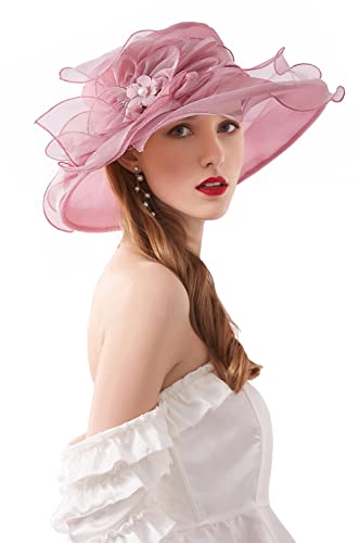 Organza Fascinator Hat - Women’s Wide Brim Church Bridal Tea Party Wedding Hat - color: 02a-pink-purple