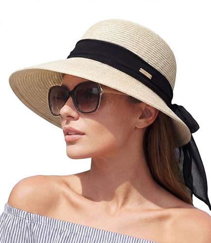 Packable Floppy Sun Hat for Women, Wide Brim Foldable Beach Hat with Soft Sweatband for Sun Protection, Travel & Summer - color: Beige-black, size: 6 7/8-7 1/8