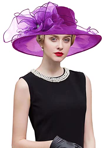 Women's Kentucky Derby Church Dress Hat Wide Brim Leaf Flower Bridal Shower Hat - color: J1-brightpurple