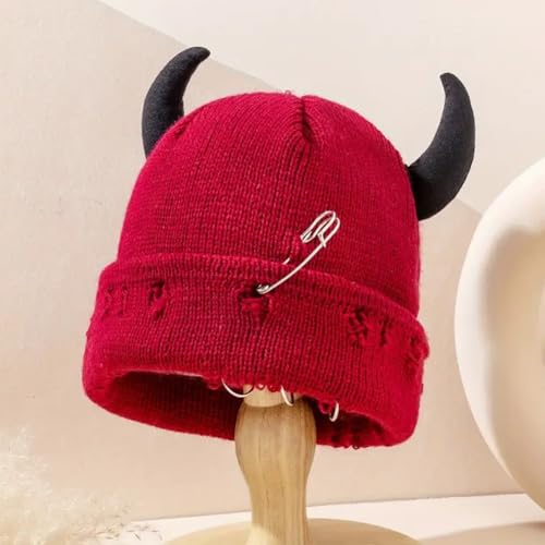Distressed Ring Beanie Hat for Women Men Slouchy Skull Cap - color: Horns Red