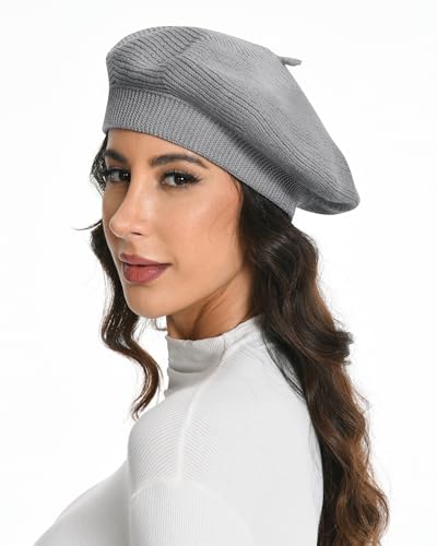 Cotton Knitted Women Beret Hat, French Style Solid Color Beret, Winter Autumn Warm and Soft Beanie Hat - color: Gray