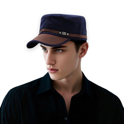 Cadet Army Cap for Men Women Military Adjustable Unisex Flat Top Hat - color: Navy Blue