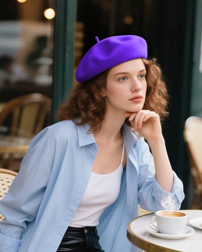 French Beret Hats for Women - Wool Solid Color Beanie Cap - color: Grape Purple