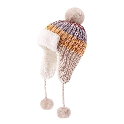 Baby Winter Hat for Girls Toddler Ear Flap Pom Pom Beanies Infant Knit Hat with Fleece Lined - color: Three Goals-colour Mixture Khaki, size: 1-2T